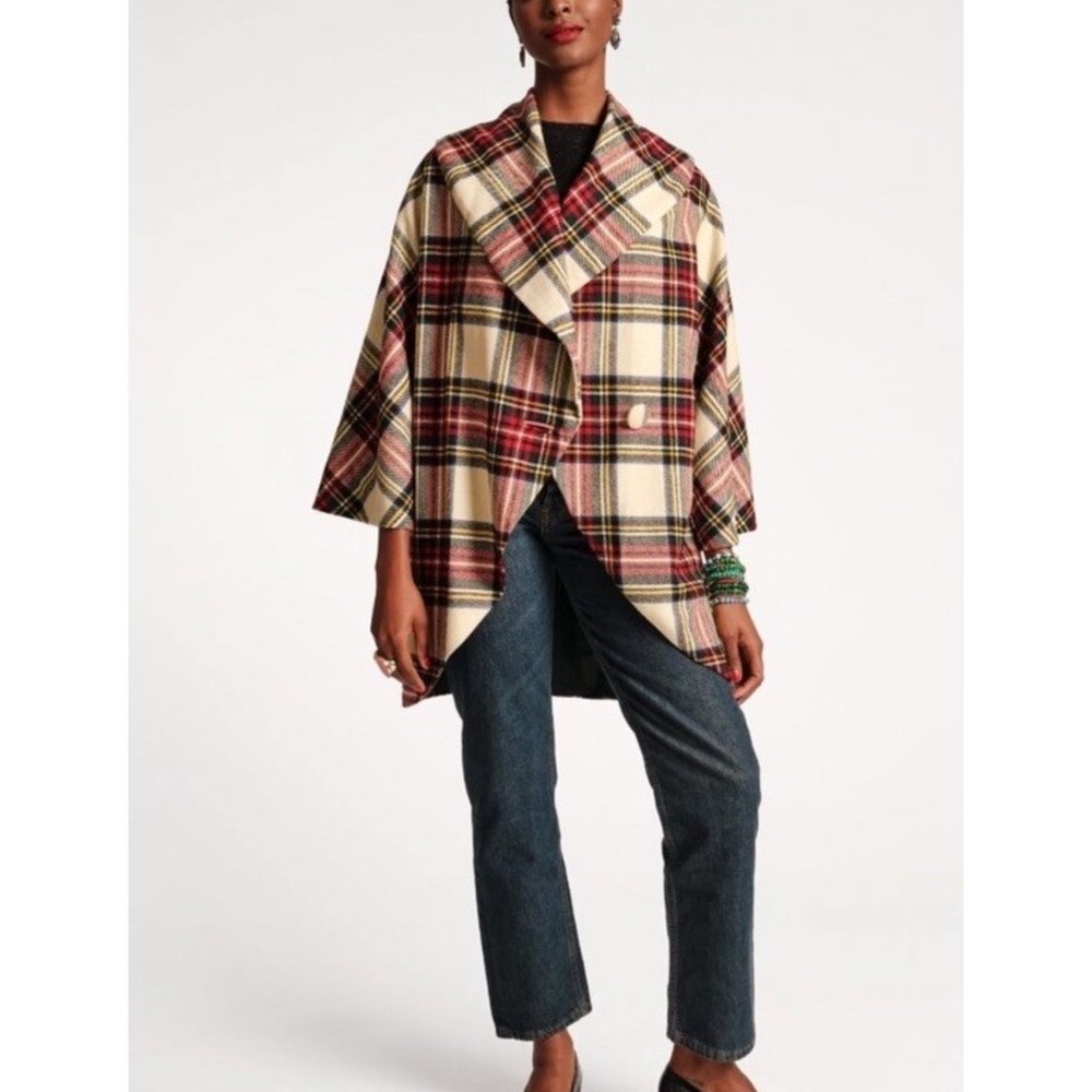 Frances Valentine Christmas Plaid‎ Cocoon Wool Shawl Collar Coat Large $1498 NWT - Picture 2 of 13